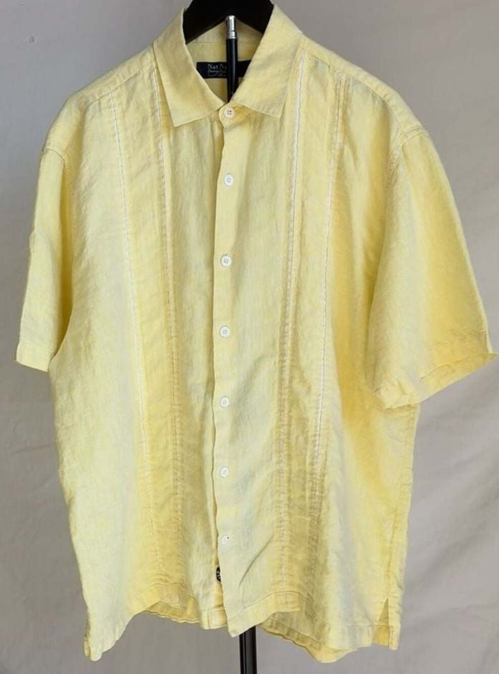 Nat Nast Luxury Originals Citron Yellow 100% Linen Embroidered Size L Shirt
